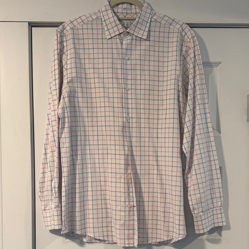 Classic Men's Checkered Button-Up Shirt - White with Pink & Blue Grid